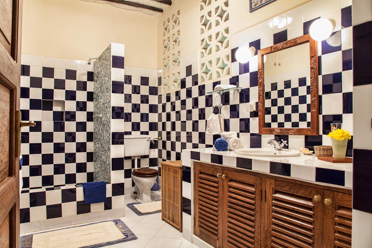 Blue and white tiled en-suite bathroom