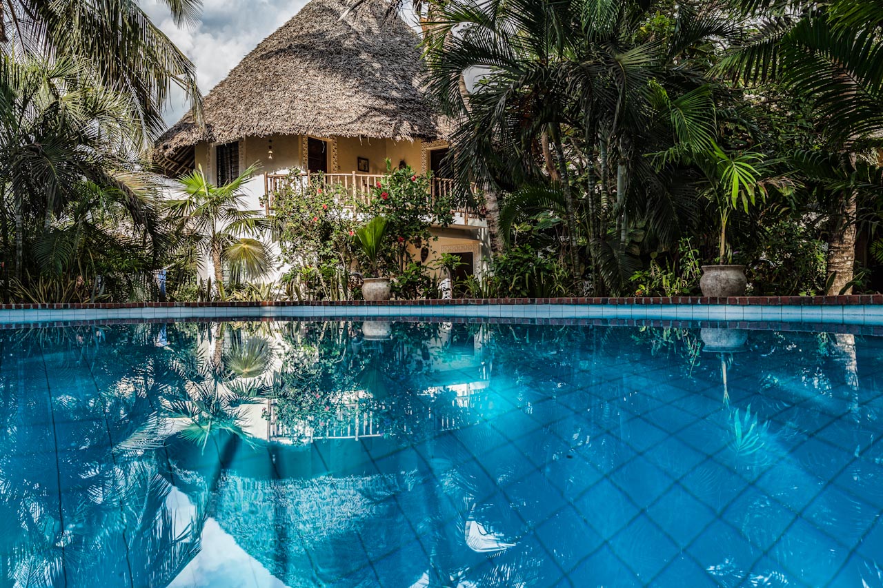 Villa reflected in the swimming pool through palms